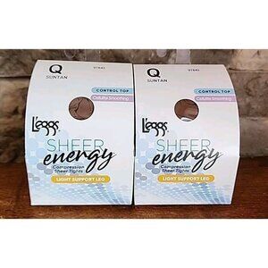 L'eggs Sheer Energy Pantyhose Compression Light Support Suntan Q Size 2 Pack